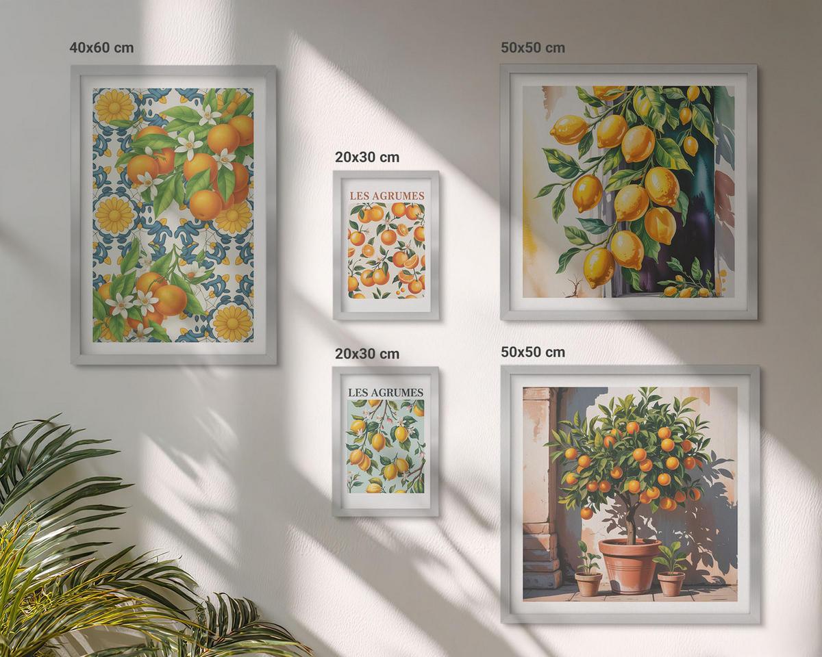 BILDER SET 5er Set - 50x50 cm & 20x30 cm & 40x60 cm Silberner Rahmen - Retro gelbe Zitrusfrüchte - Silberfarben, Kunststoff (40/60cm) - TULUP