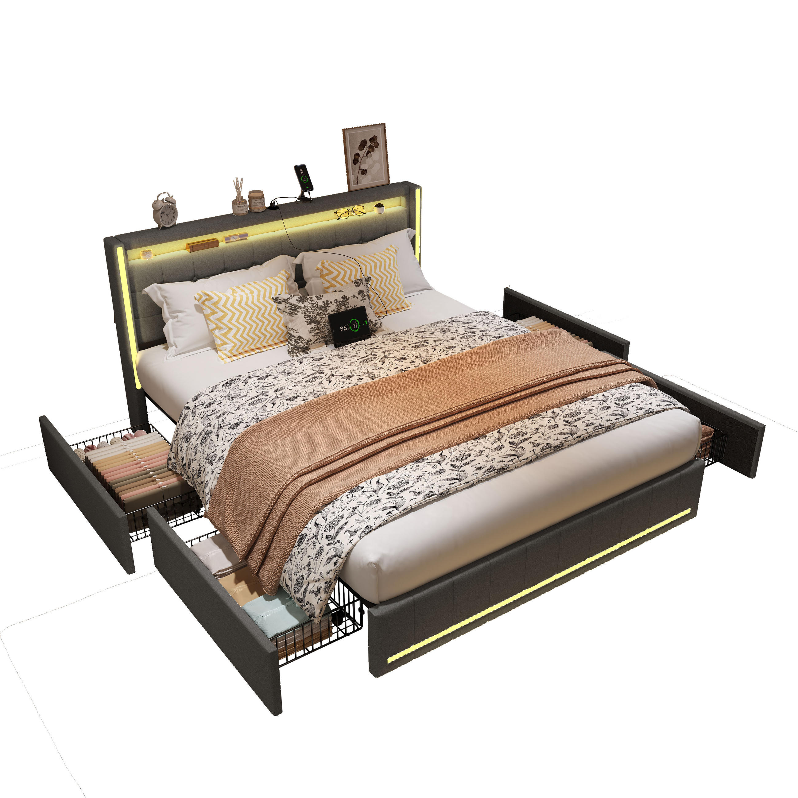 POLSTERBETT 160x200 cm LED 4 Schubladen USB Leinen grau - Grau, Holz (160/200cm) - LEBENLANG