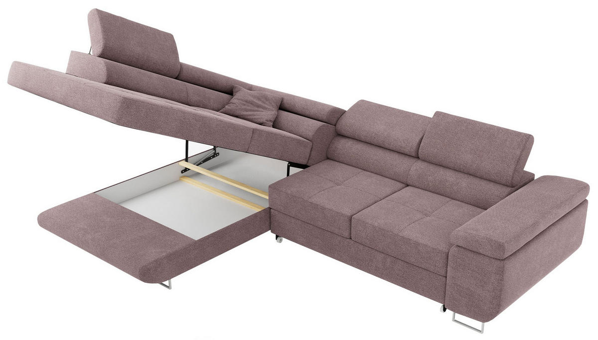 ROHOVÁ SEDAČKA GUSTAW L - Světle růžová Strukturovaná látka - Pravá Strana - stříbrná/světle růžová, kov/textil (205/275cm) - MKS