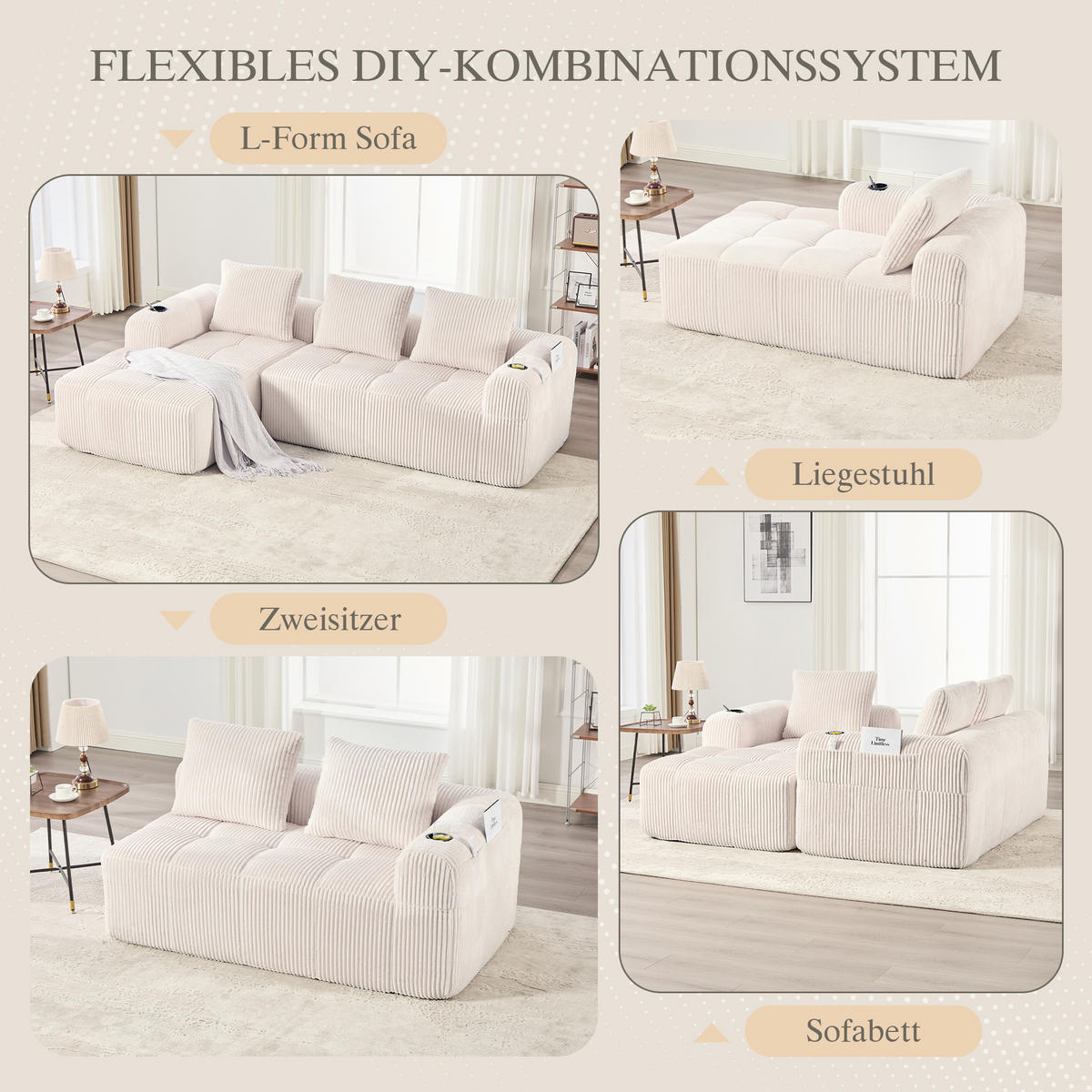 KOMPAKTSOFA Cord mit modularen Elementen und Becherhalter 253/158/61 cm Beige - Beige, Textil (158/253cm) - Redom