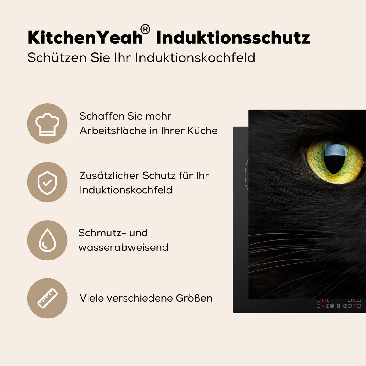 HERDABDECKPLATTE Katze - Augen - Gelb - Schwarz Ceranfeldabdeckung 85x52 cm - Schwarz, Kunststoff (85/52/0.2cm) - MuchoWow