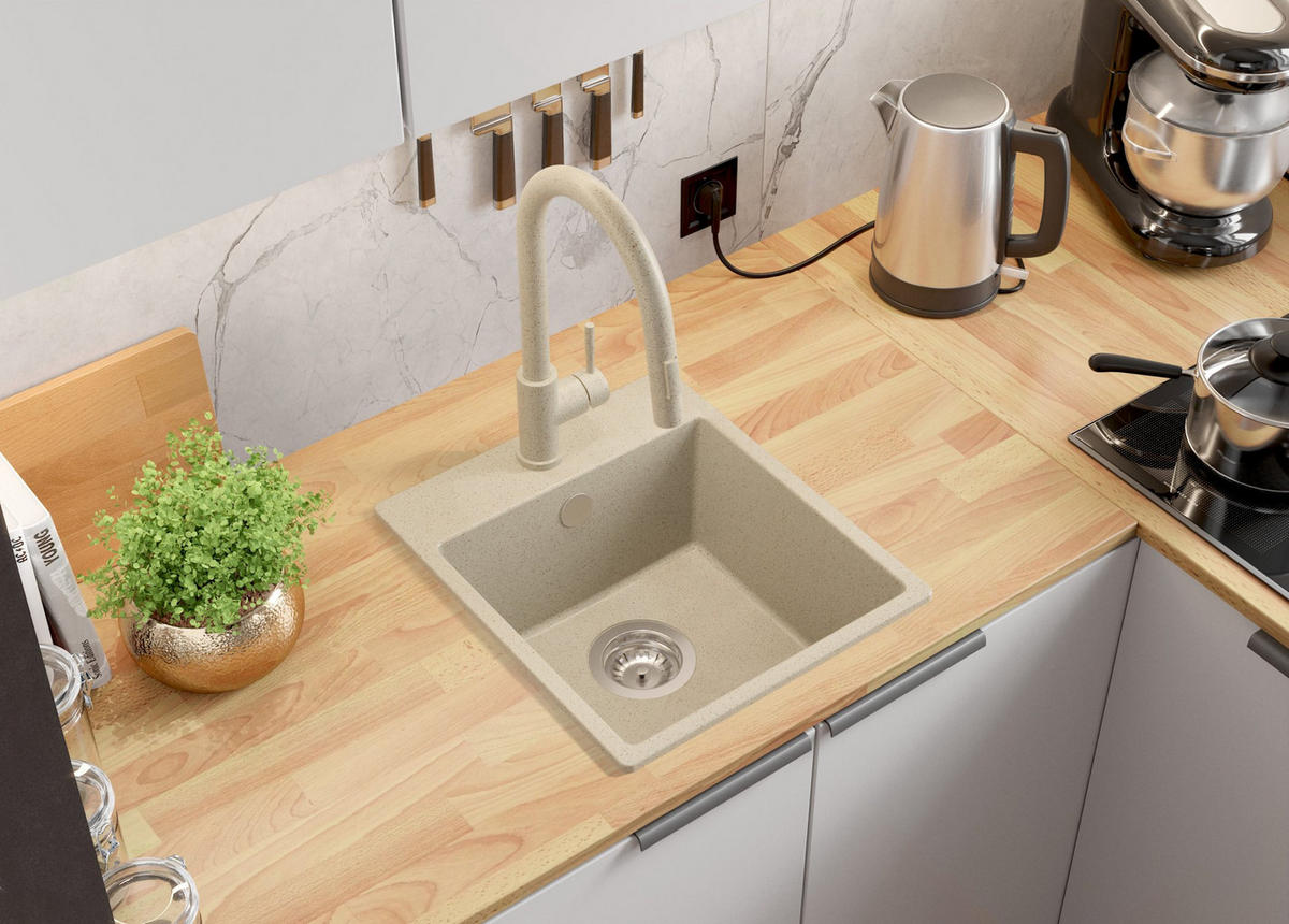 GRANITSPÜLE Riga Easy, 2-er set Beige 38/44 cm 1 Becken + Küchenarmatur 38/14 cm + Ablauf-Set ab 40er Unterschrank - Chromfarben/Beige, Kunststoff (38/19/44cm) - Primagran