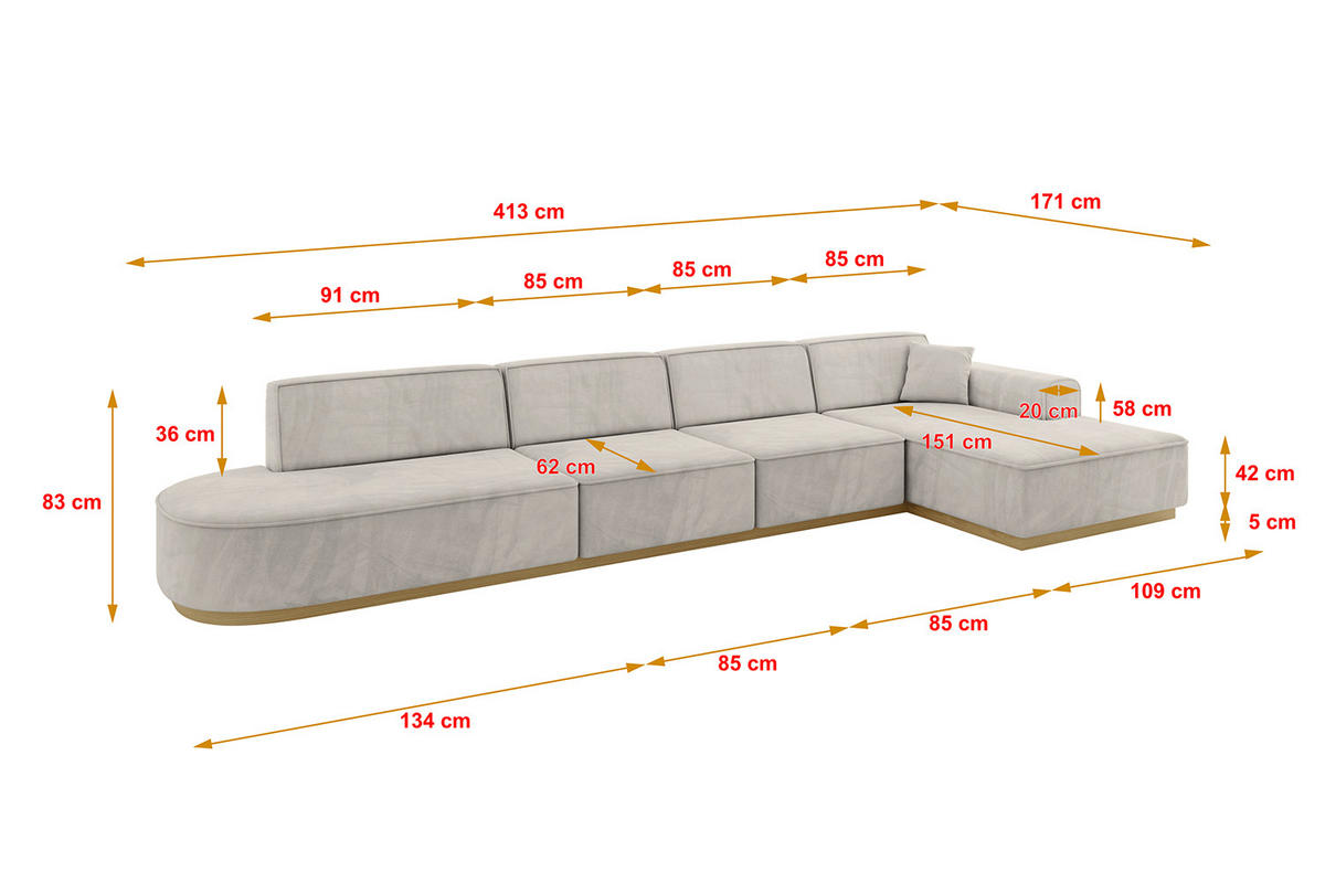 ECKSOFA Ottomane Rechts IREA-L3-v2 - 413x171x83 cm Hellbraun - Hellbraun, Holzwerkstoff/Textil (171/413cm) - ALTDECOR