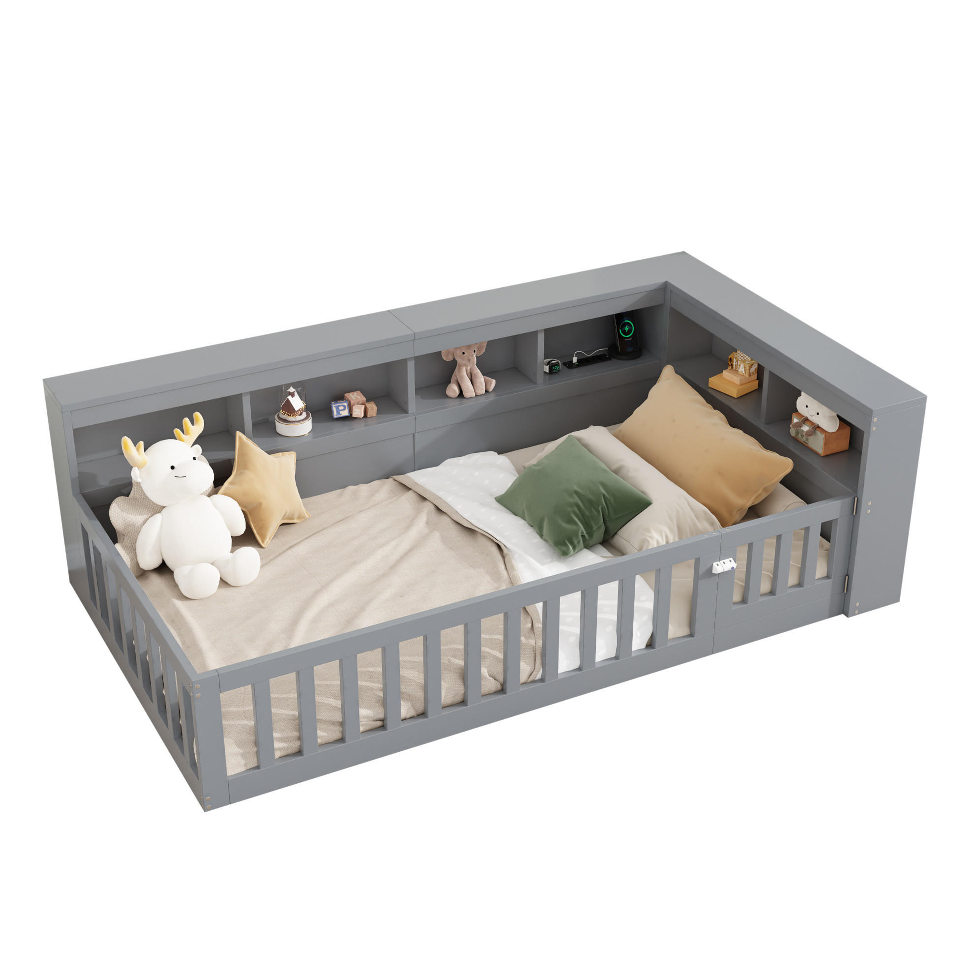 DAYBETT 90/200 cm Grau mit Steckdose, USB, Staufach, ohne Matratze - Grau, Holzwerkstoff (90/200cm) - MIVRAY