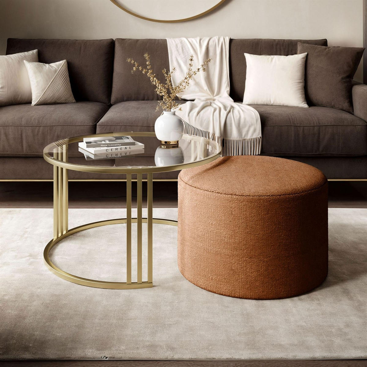 COUCHTISCH mit Hocker LORI GLASS gebürstetes Gold/transparentes Glas/Perfect Harmony 52 - Transparent, Metall (70/70/49cm) - Lookway