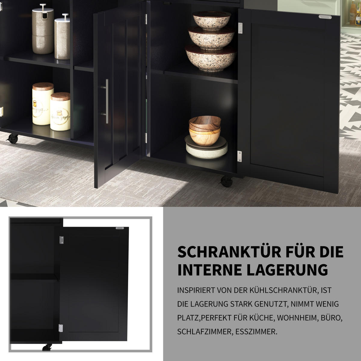 KÜCHENINSEL 129x71x91.5cm Schwarz mit Ausziehplatte, Schubladen & Rollen/Füßen - Schwarz, Holzwerkstoff (129/91.5/71cm) - Modfu