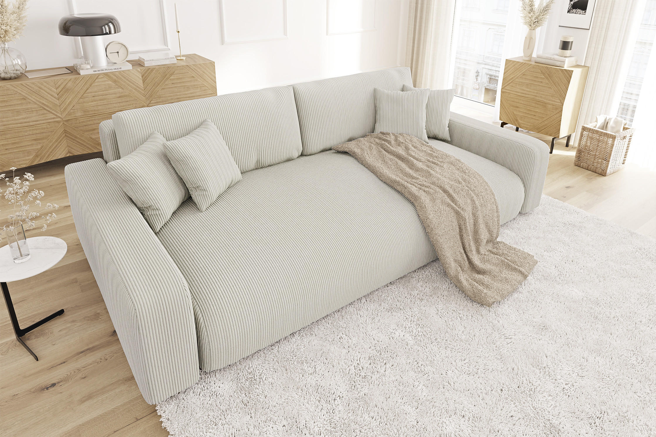 BIGSOFA Emma Beige Cord - Beige/Schwarz, Holz/Kunststoff (234/78/122cm) - S-Style Möbel