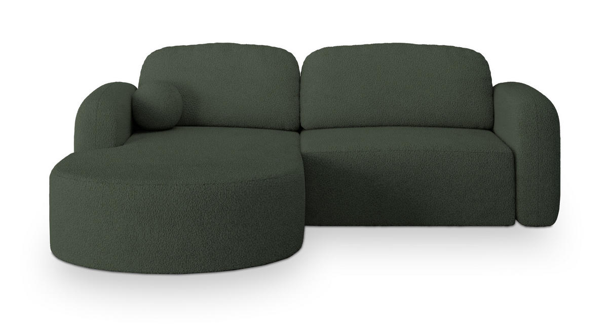 ECKSOFA AMILIA L-S Grün Boucle-Stoff mit Schlaffunktion - Grün, Holz (263/174cm) - MASSENO