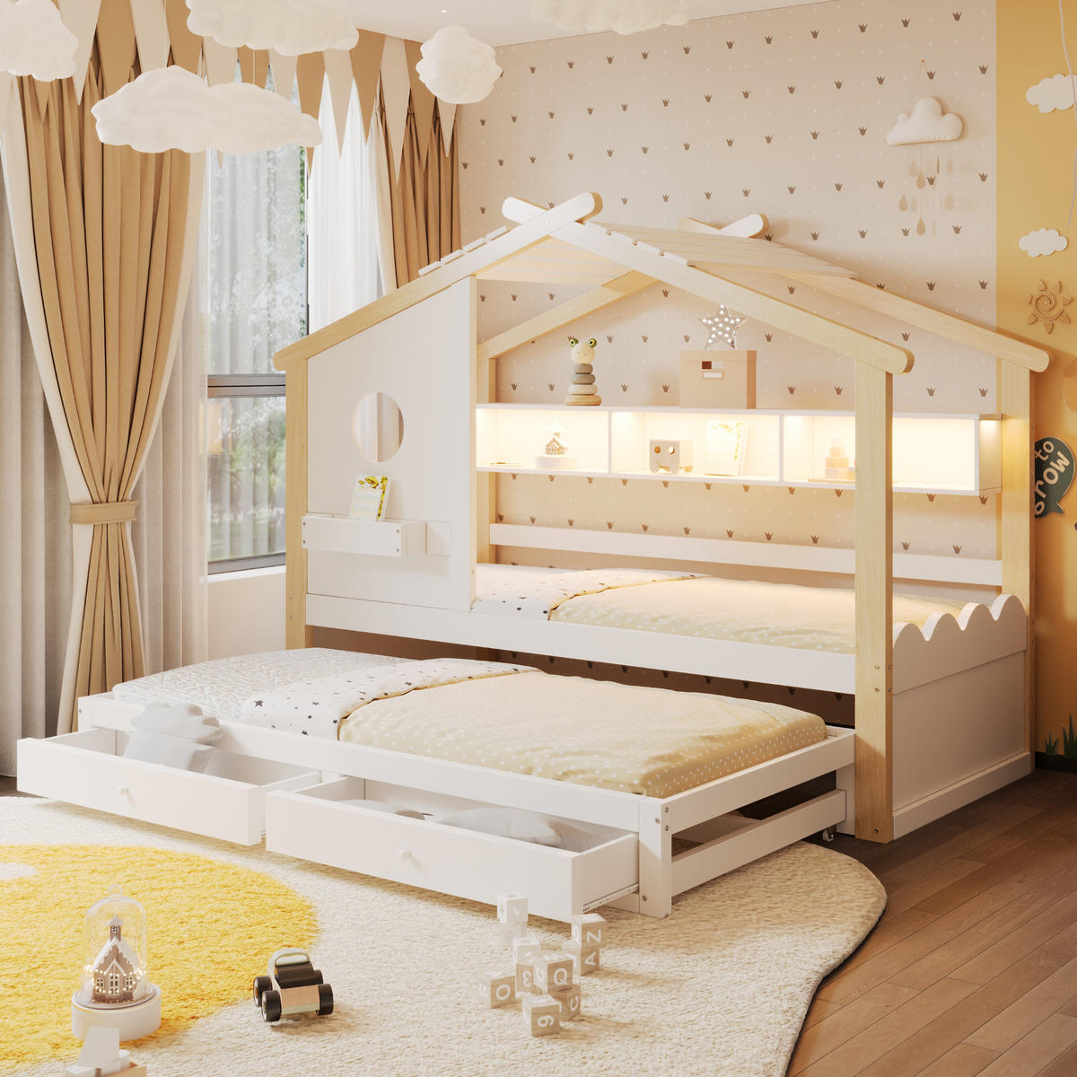 KINDERBETT 90x200 cm Rollbett LED weiß - Weiß, Holz (90/200cm) - LEBENLANG