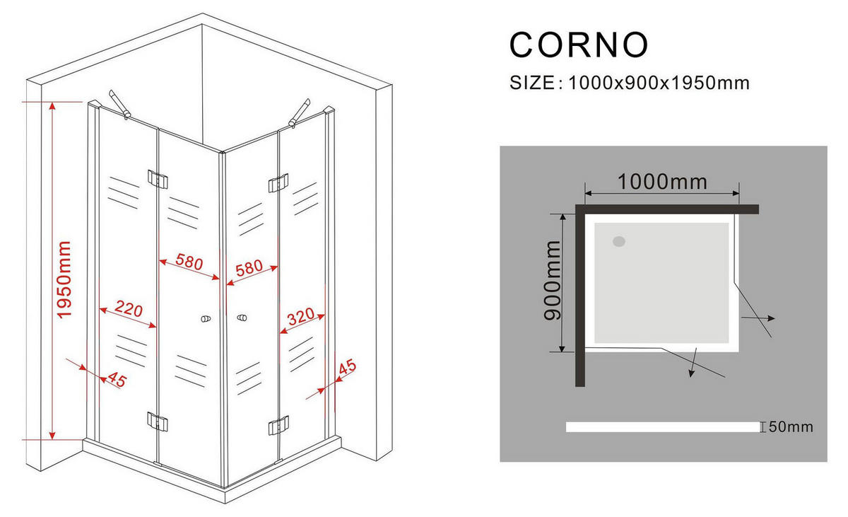 DUSCHKABINE CORNO Klar 100 x 90 x 195 cm 8 mm ESG - Klar, Glas (90/100/195cm) - Glasdeals