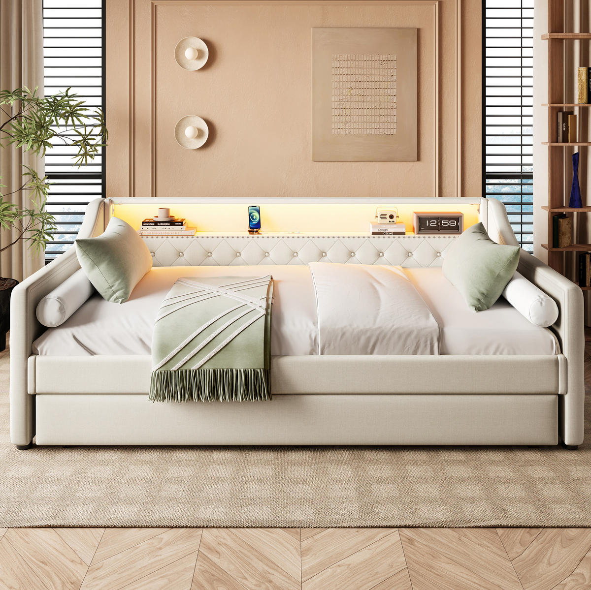 POLSTERBETT 90/200 cm in Beige mit LED-Beleuchtung und USB-Anschlüssen - Beige, Textil (90/200cm) - Flora Grace