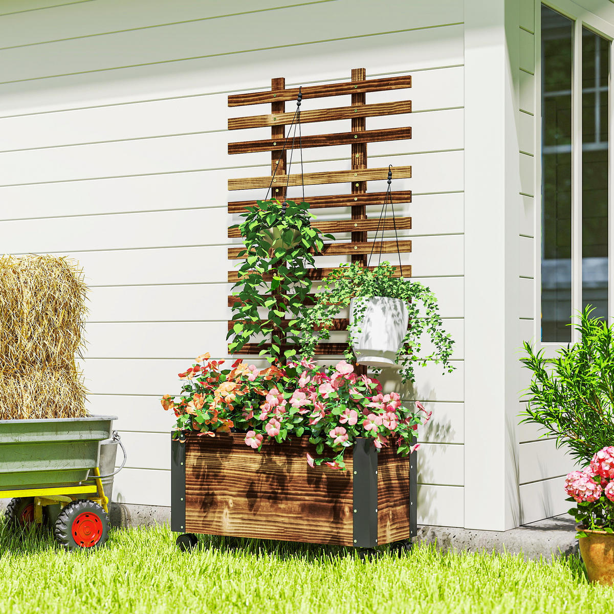 HOCHBEET mit Rankgitter, Blumenkasten mit Rollen, für Kletterpflanzen, Holz, Verkohlt - Dunkelbraun, Holz (31/147/65cm) - Outsunny