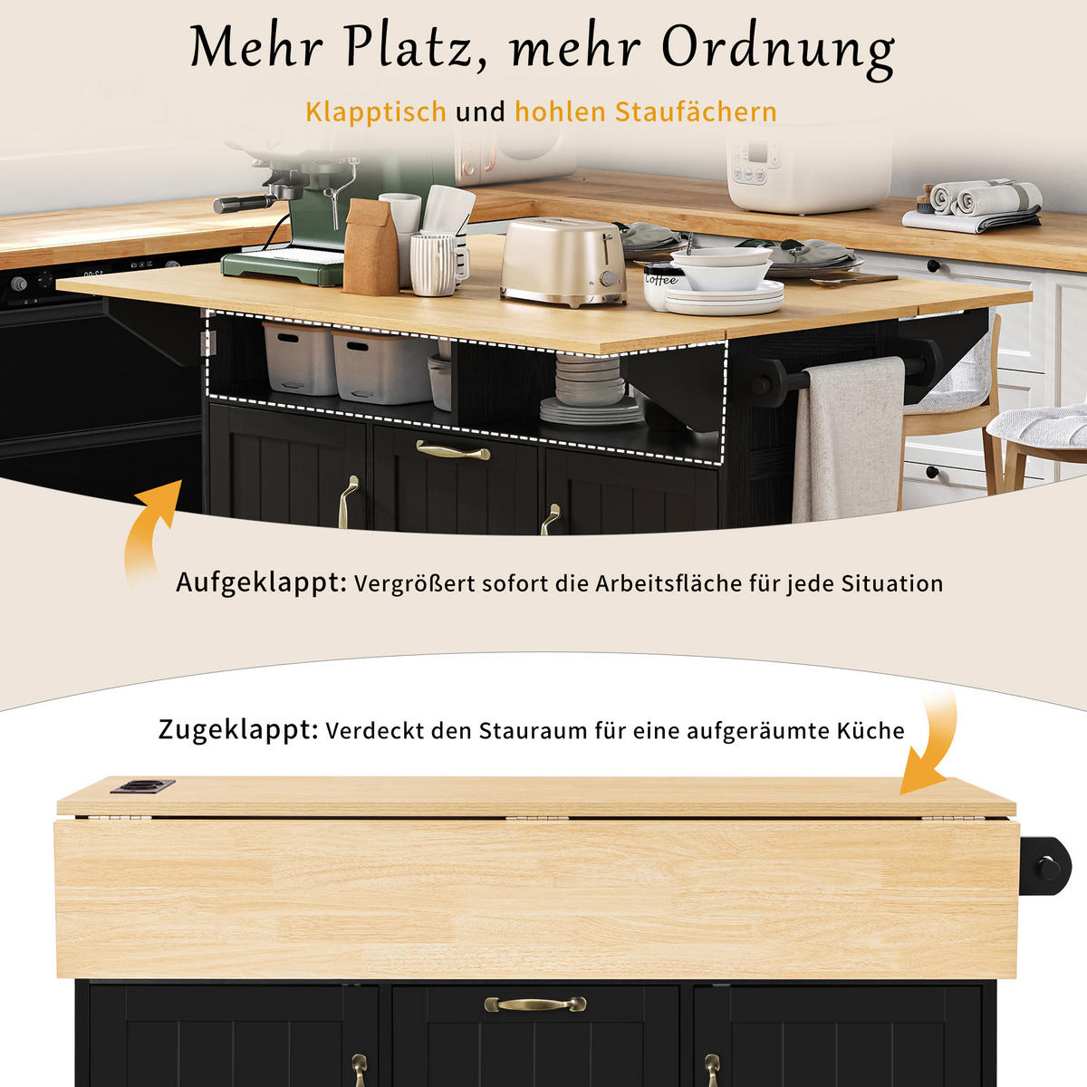 KÜCHENINSEL auf Rollen mit Schubladen und Handtuchhalter, Schwarz - Schwarz, Holzwerkstoff (120/115/80cm)