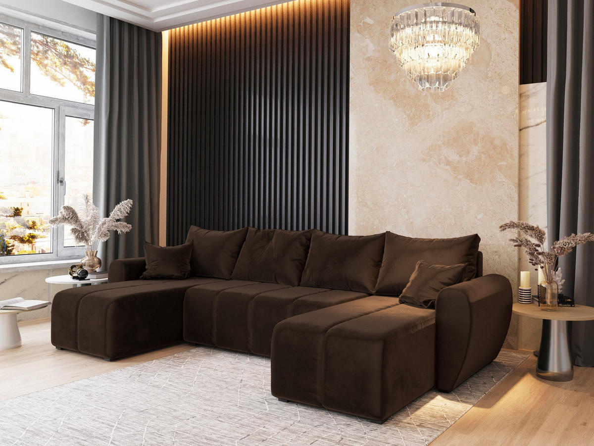 WOHNLANDSCHAFT MADISON U Braun Plüsch-Stoff mit Schlaffunktion - Braun, Holz (311/82/145cm) - MASSENO