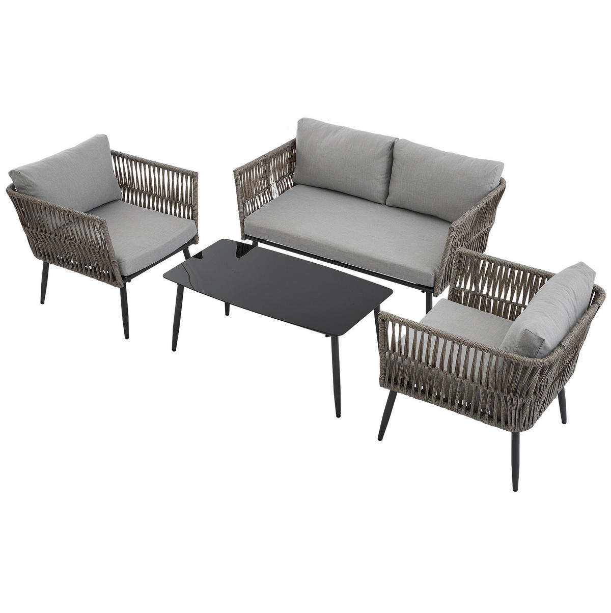 GARTENLOUNGE-SET 99/54/42 cm grau aus Polyester mit Glastisch und PE-Seilgeflecht - Grau, Textil - OKWISH