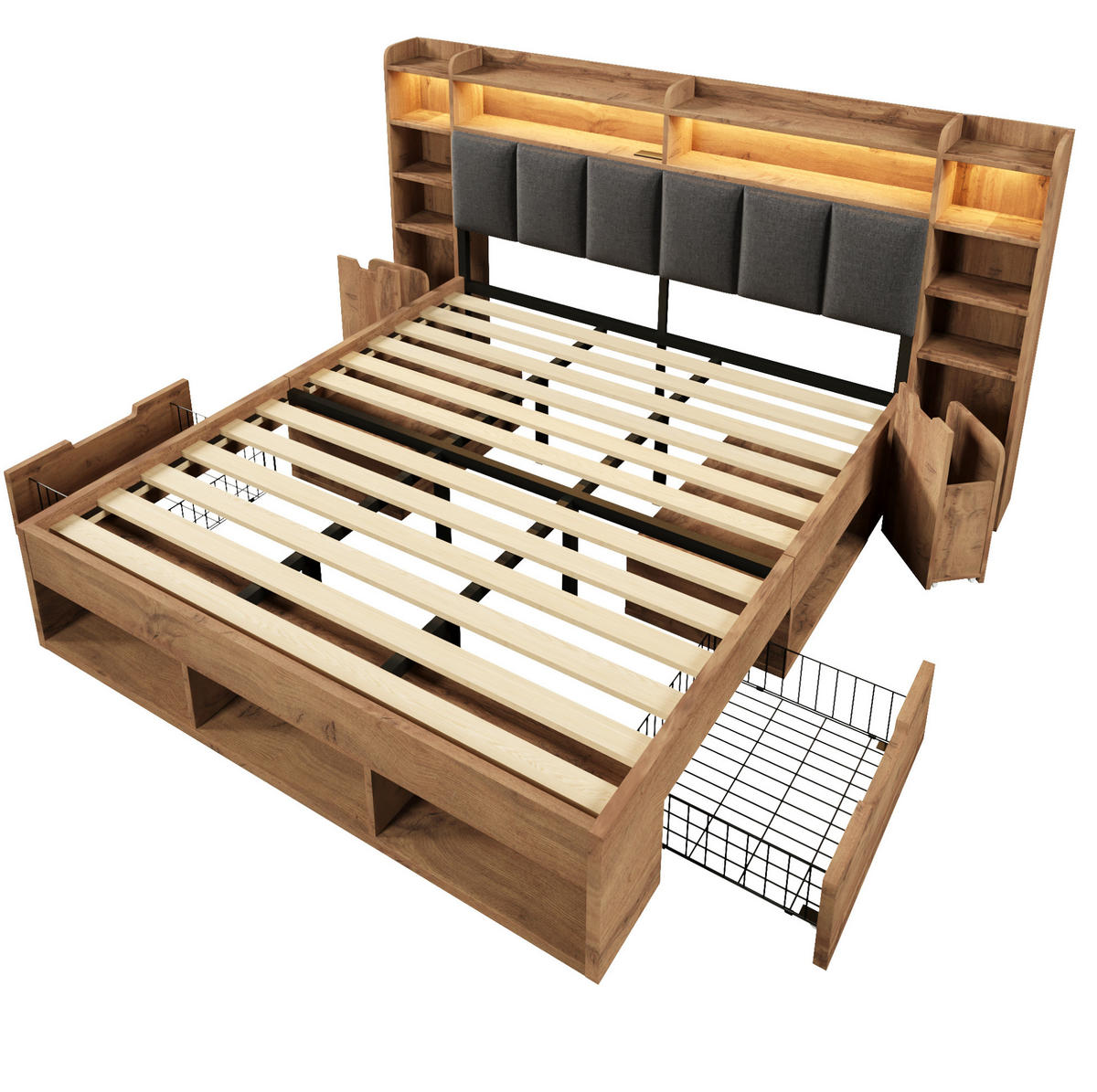 DOPPELBETT 180/200 cm mit LED-Beleuchtung, USB- und USB-C-Anschlüssen, Stauraum und Rollschubladen, Eichefarben - Eichefarben, Holzwerkstoff (180/200cm) - Redom