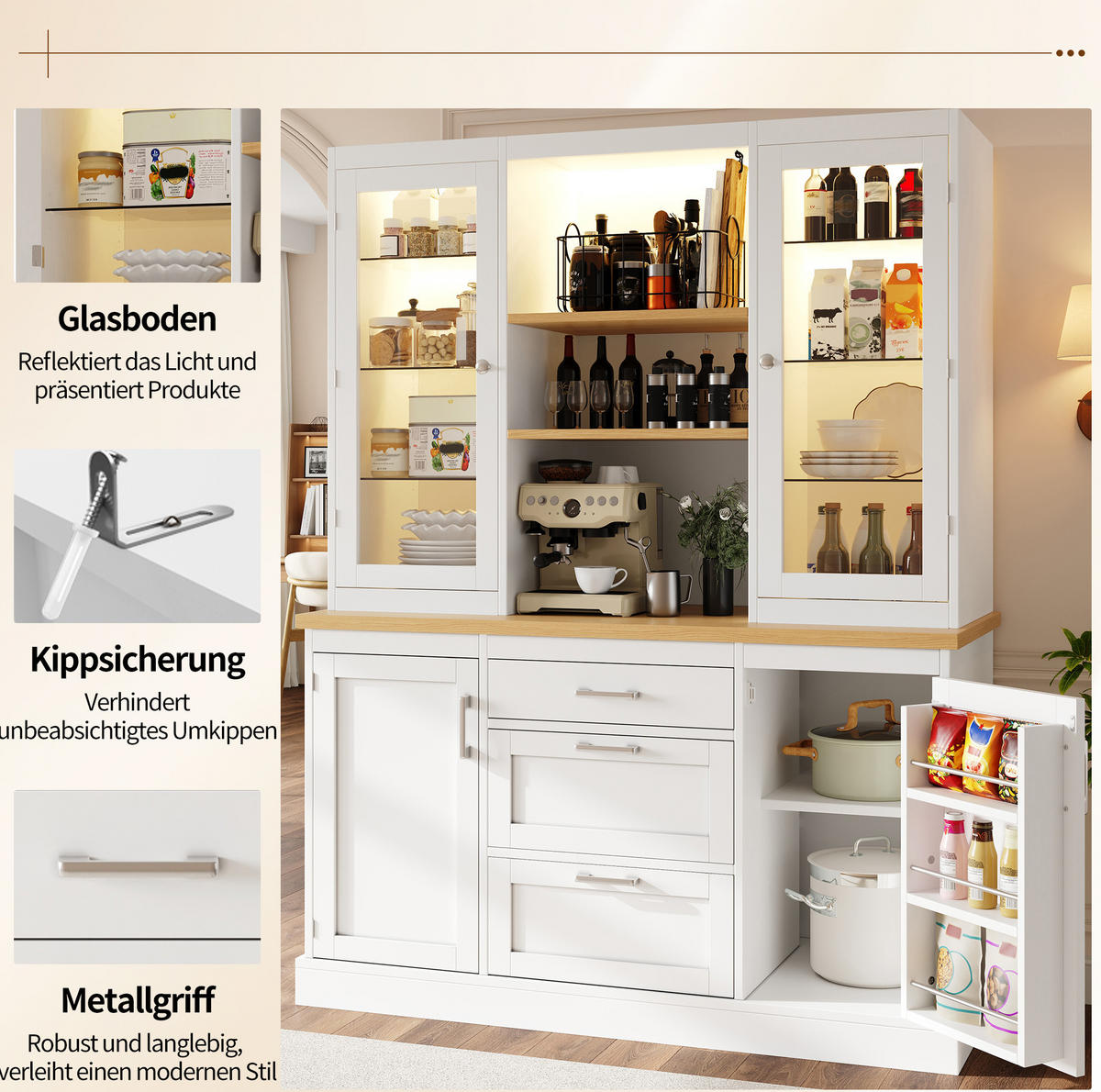 KÜCHENSCHRANK mit LED-Beleuchtung 140 x 40 x 185 cm MDF White 4-tlg. - Weiß, Holzwerkstoff (40/185/140cm) - Meubliv