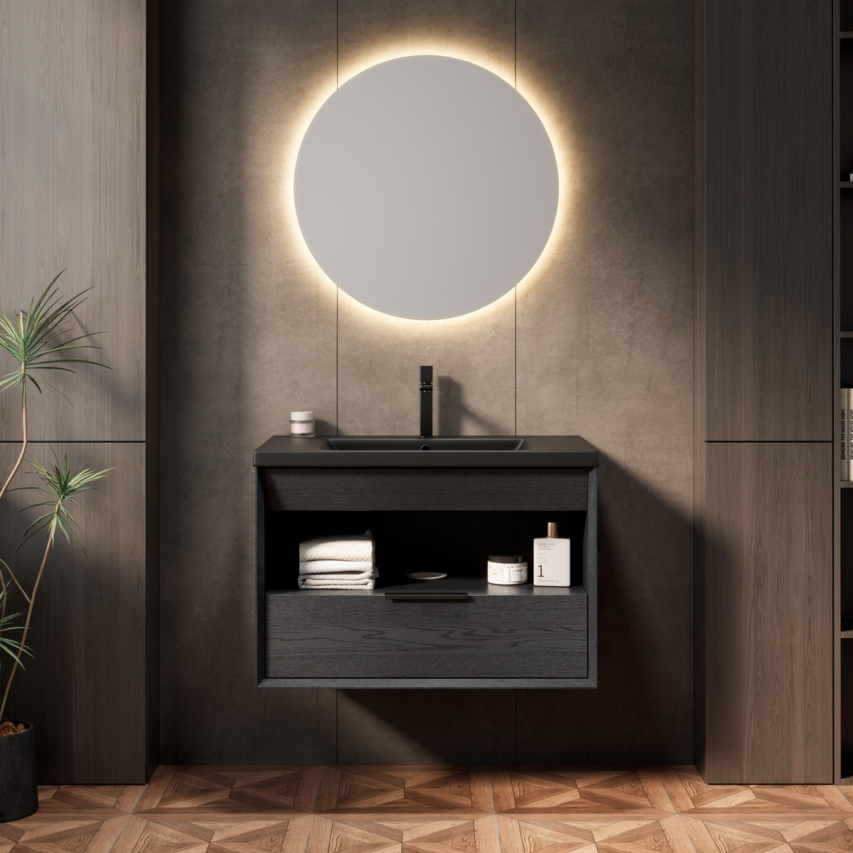 BADEZIMMERSCHRANK 74.5x46.5x51.5 cm Schwarz & Dunkle Eiche aus Keramik & Sperrholz - Schwarz, Keramik (74.5/51.5/46.5cm) - Modfu