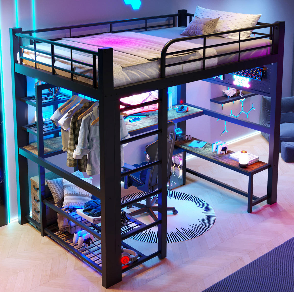 HOCHBETT 140/200 cm mit LED-Beleuchtung, Schreibtisch, Ablagen und Kleiderstange, Schwarz - Schwarz, Metall (140/200cm) - Redom