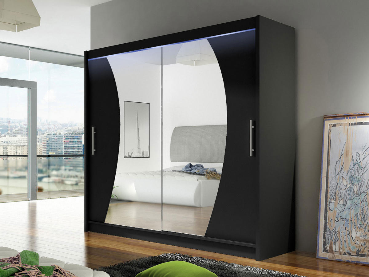 KLEIDERSCHRANK London IX, mit RGB LED Beleuchtung - Silberfarben/Schwarz, Holzwerkstoff/Kunststoff (180/215/58cm) - MIRJAN24