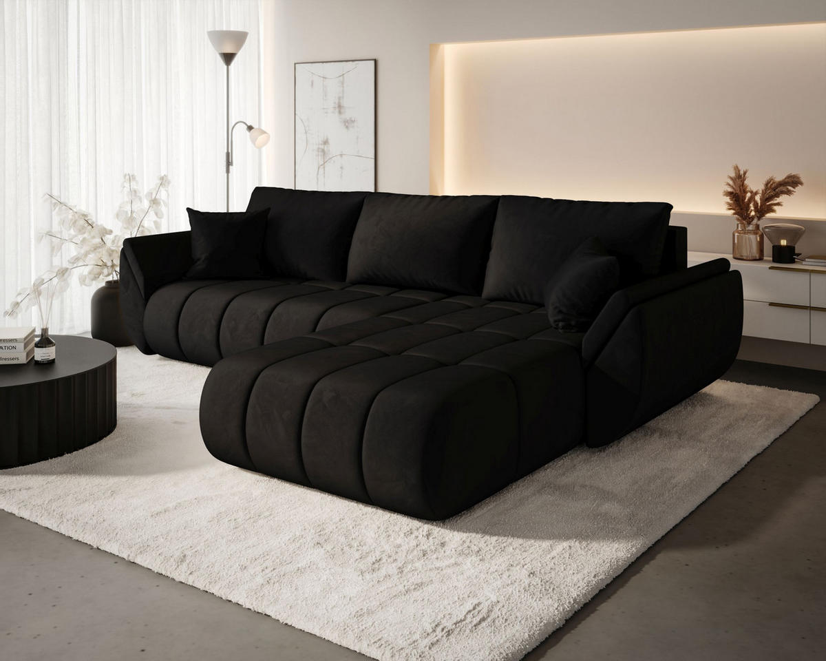 ECKSOFA SYDNEY PREMIUM rechts schwarz Velours Monolith 97 - Schlaffunktion, Bettkasten - Schwarz, Textil (280/185cm) - Cornero