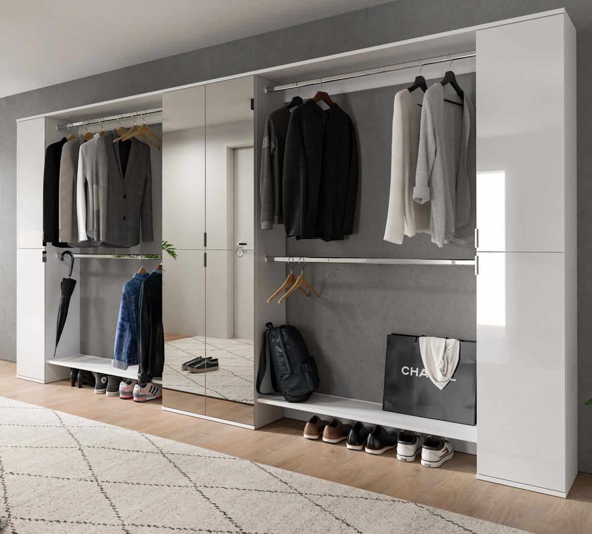 GARDEROBENSCHRANK weiß Hochglanz 232 cm, Schuhschrank XXL, mit Spiegeltüren - Chromfarben/Weiß Hochglanz, Holzwerkstoff/Kunststoff (341/193/34cm) - Inn.Furn
