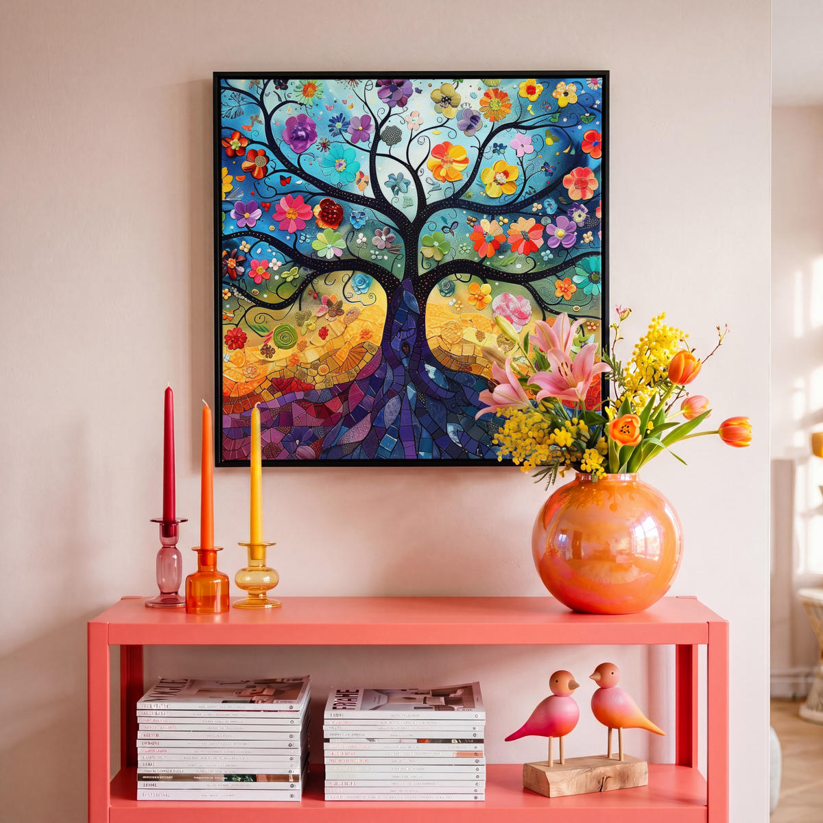 LEINWAND Bilder mit Rahmen - Kunst - Baum des Lebens - Blumen - Hippie - 50x50 - Dunkelblau, Textil (50/50cm) - MuchoWow