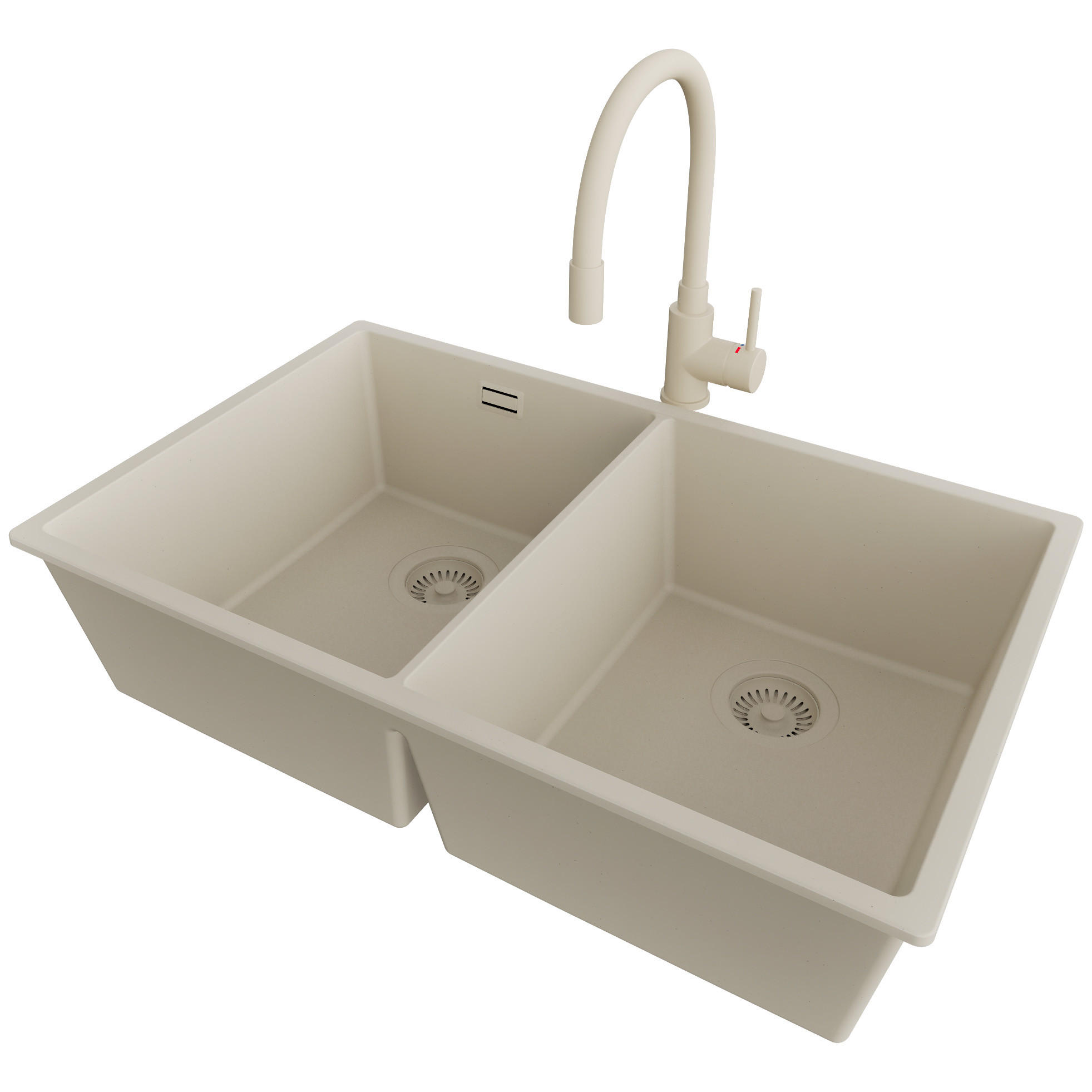 UNTERBAUSPÜLE GRANIT London Twin, 2-er set Beige 76/47 cm 2 Becken + Küchenarmatur 38/14 cm + Ablauf-Set ab 80er Unterschrank - Beige, Kunststoff (76/20/47cm) - Primagran