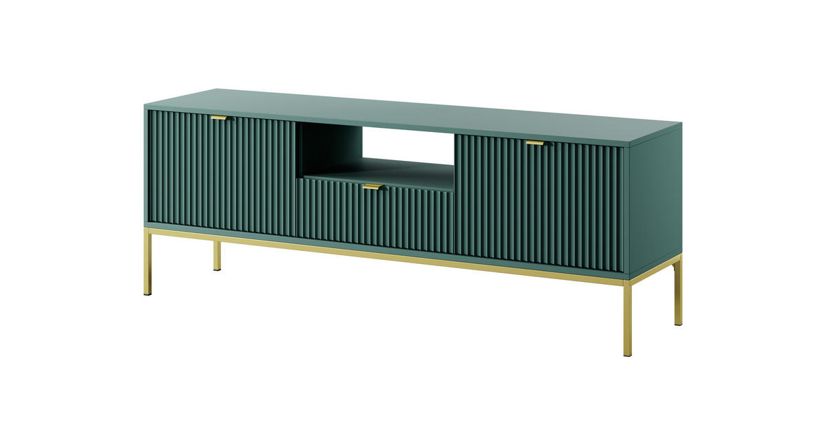 TV-SCHRANK NOVA Geriffelt Regal, 2 Türen, Schublade, Goldene Beine, 154x39x56cm, Labrador - Türkis/Goldfarben, Holzwerkstoff/Kunststoff (154/56/39cm) - DomoHome