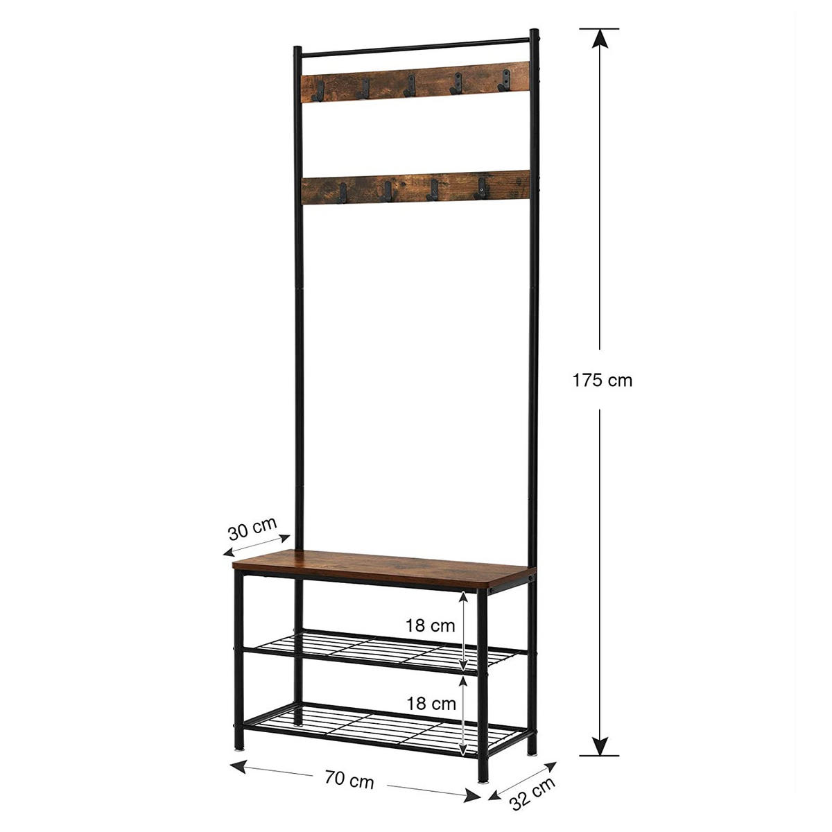 GARDEROBENSTÄNDER Rustikal Braun 70x32 cm HSR41BX Mit Sitzfläche - Schwarz, Metall (70/175/32cm) - Edanti