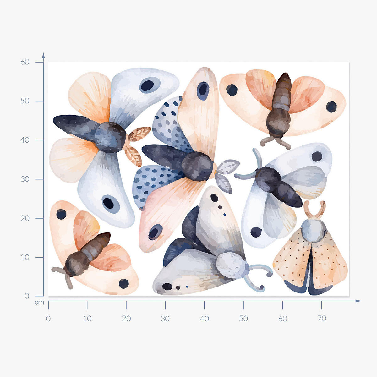 WANDAUFKLEBER 60x77cm - Pastellfarbene Motten-Insekten - Multicolor, Kunststoff (60/77/0.1cm) - Wallfluent