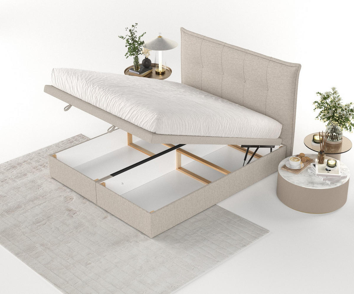 POLSTERBETT Liano mit Stauraum 200/200 cm Hellbeige im Megan Stoff - Sandfarben/Schwarz, Holz/Holzwerkstoff (200/200cm) - AltaBeds