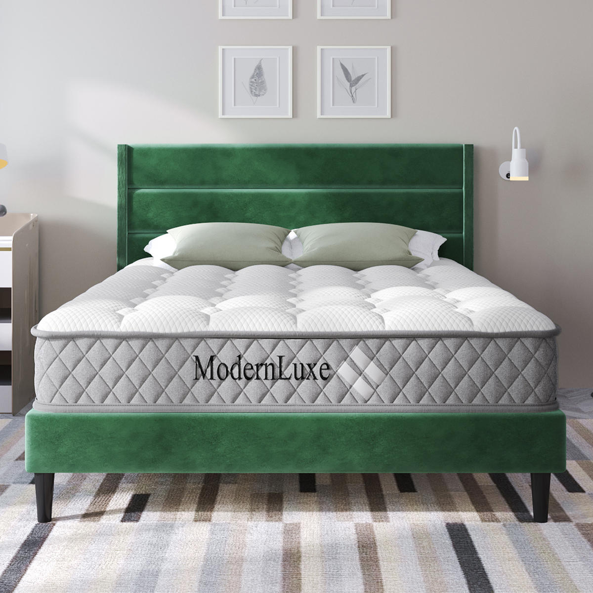 ČALOUNĚNÁ postel ze sametu 140x200 cm tmavě zelená s matrací, lamelovým roštem a ergonomickou 7zónovou oporou - tmavě zelená, textil (140/200cm) - Modfu