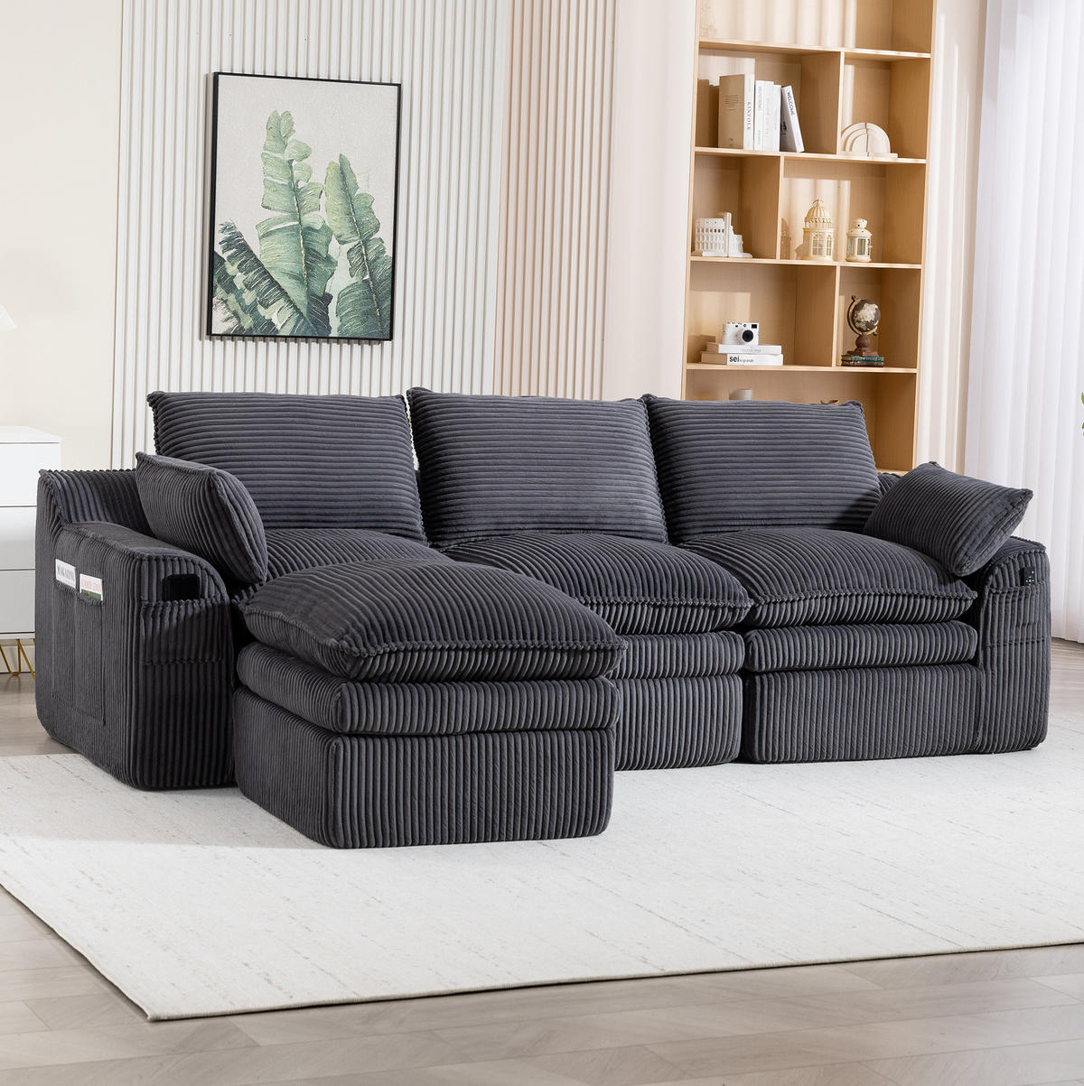 SOFA modular mit Fußbank 263 x 167 cm Corduroy Dark Gray - Grau, Kunststoff (167/263cm) - Meubliv
