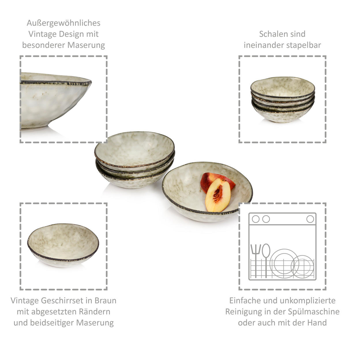 SCHALEN SET POMPEI - 4 teilig aus Steingut - Beige, Keramik (17.5cm) - Sänger