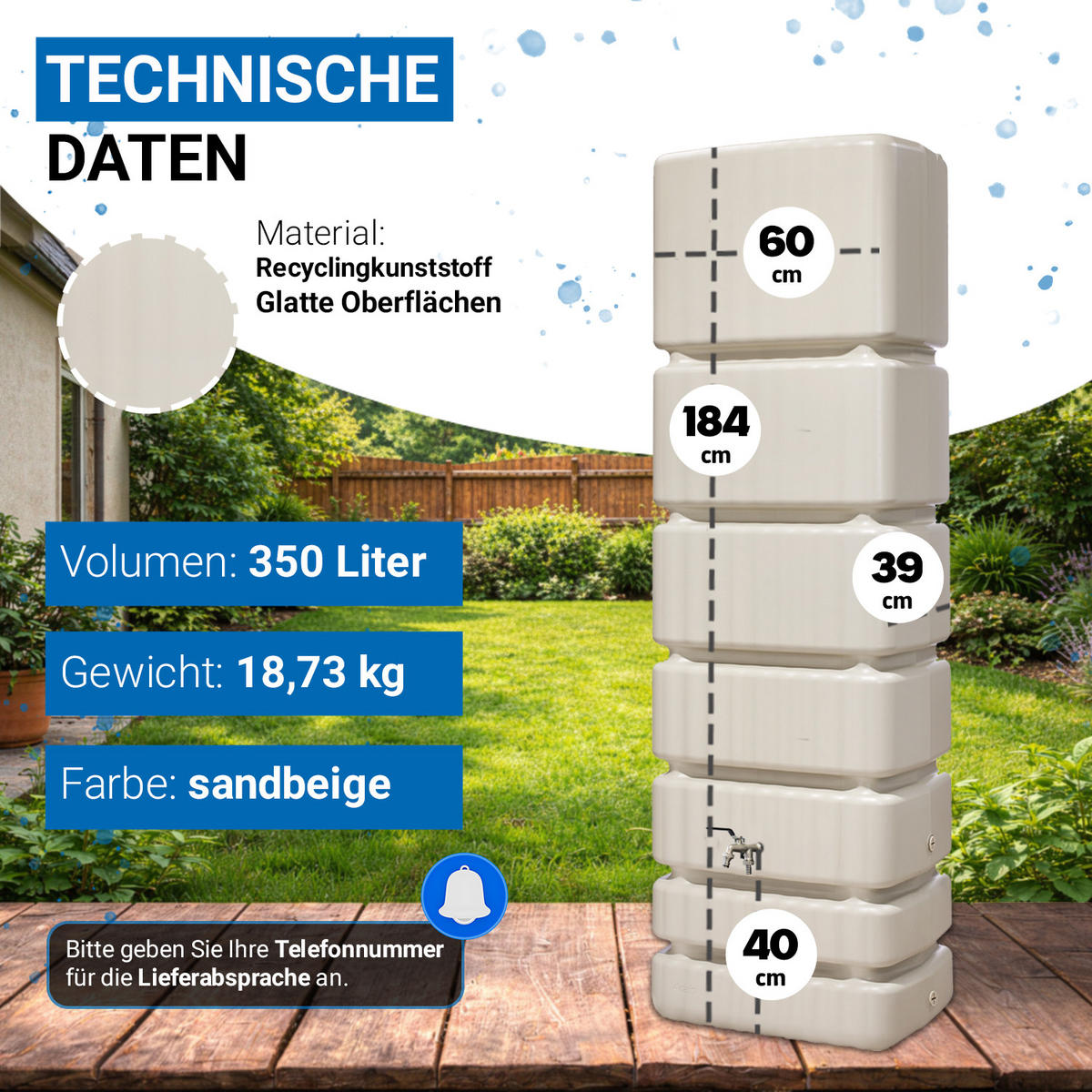 REGENTONNE Wandtank Komplett-Set 350 L, sandbeige inkl. Chrom-Doppelauslaufhahn und Fallrohranschluss - Beige, Kunststoff (39/184/60cm) - 4rain