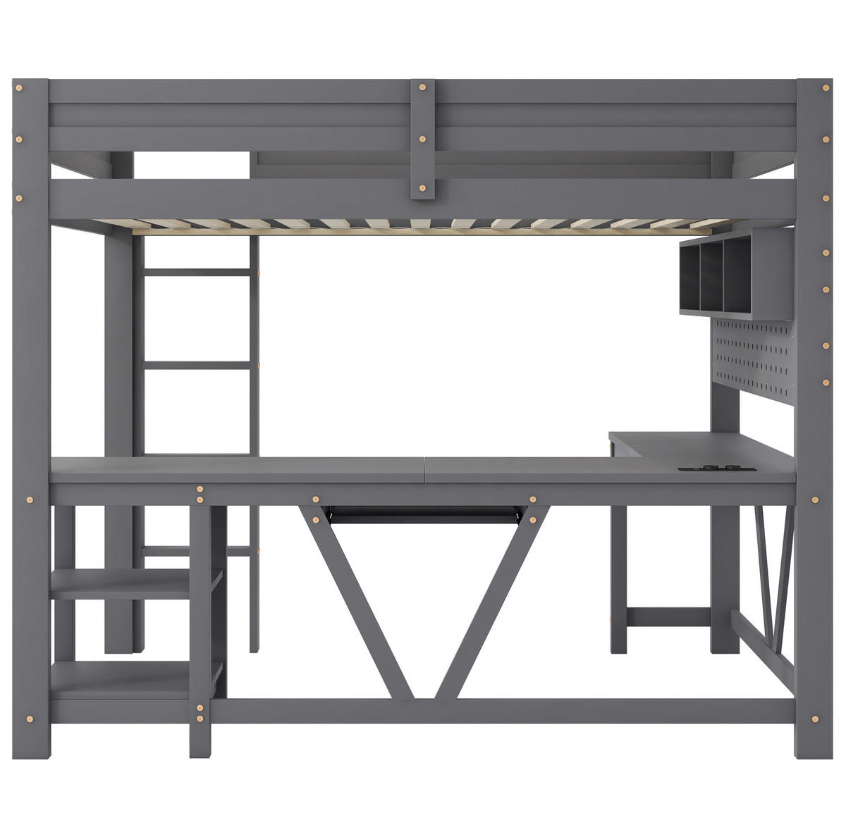 HOCHBETT aus Kiefer und MDF 90x200 cm Grau mit Schreibtisch, LED-Beleuchtung, Stauraum und Ladestation - Grau, Holzwerkstoff (90/200cm) - Modfu