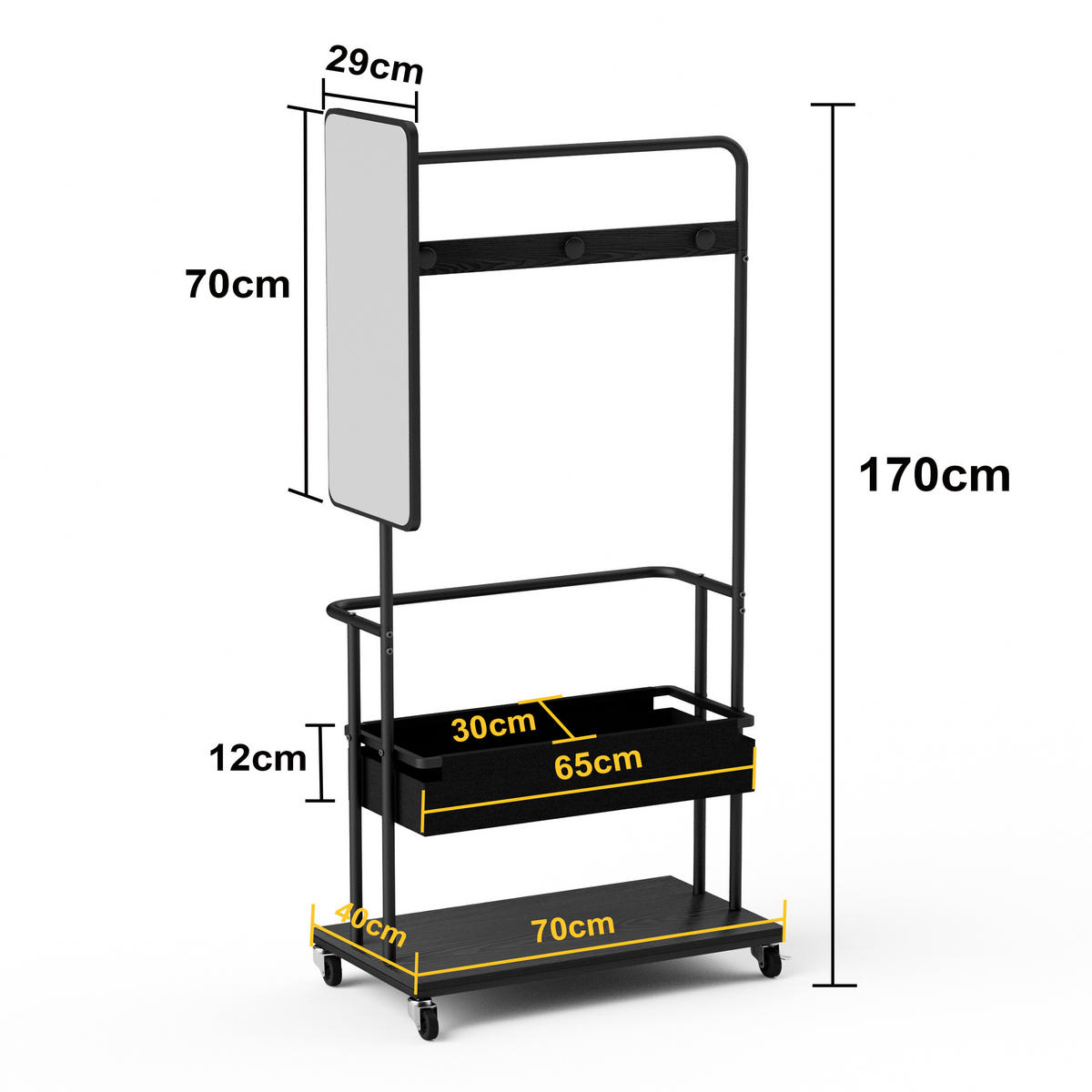 STANDGARDEROBE 70/40/170 cm mit Spiegel, Kleiderstange und Schuhablage in Schwarz - Schwarz, Holzwerkstoff (70/170/40cm) - BEAOK