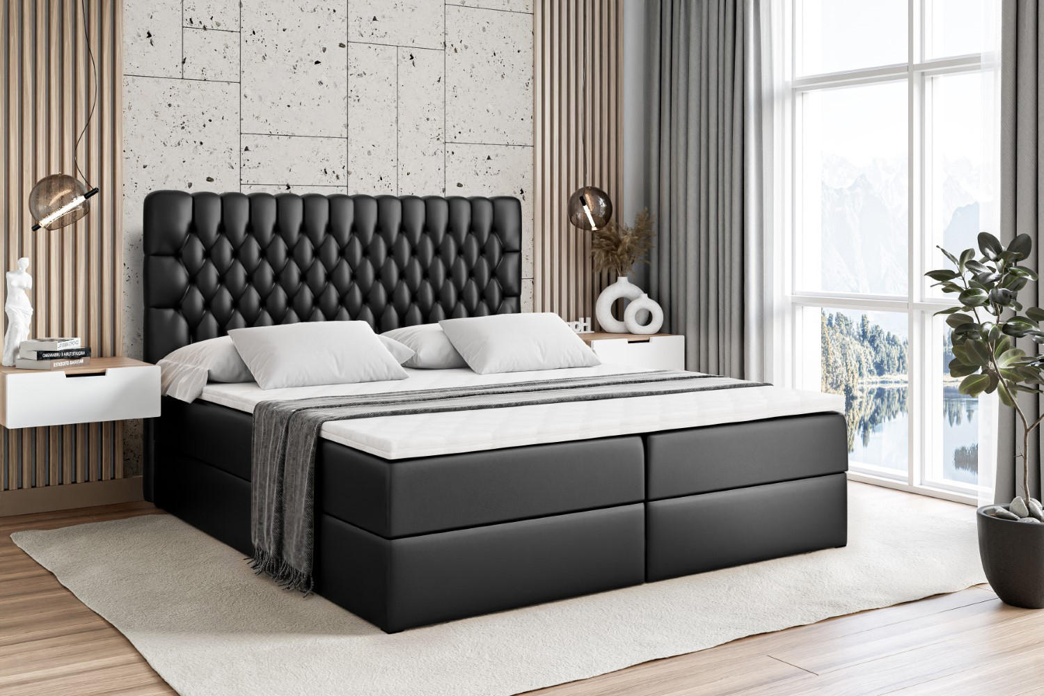 BOXBETT mit Matratze H4 und Lattenrost - SERENE - 140x200 - H4 - Schwarz Hochglanz - Schwarz Hochglanz, Holzwerkstoff (140/200cm) - ALTDECOR