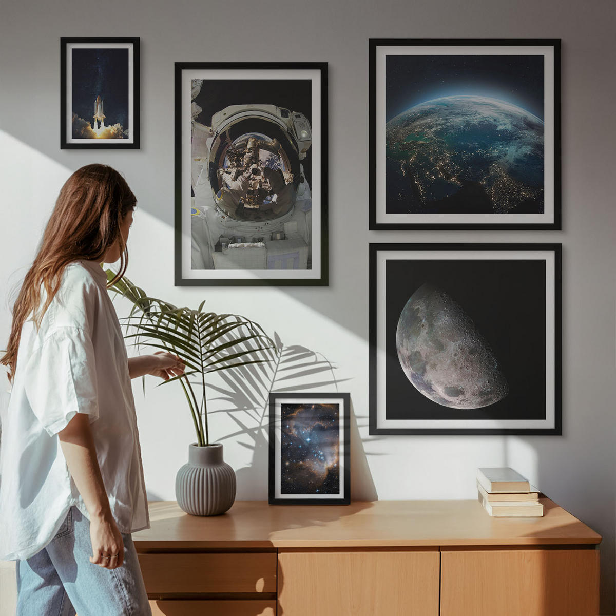 BILDER SET 5er Set - 50x50 cm & 20x30 cm & 40x60 cm Schwarzer Rahmen - Weltraum Erde Rakete Galaxie - Schwarz, Kunststoff (40/60cm) - TULUP