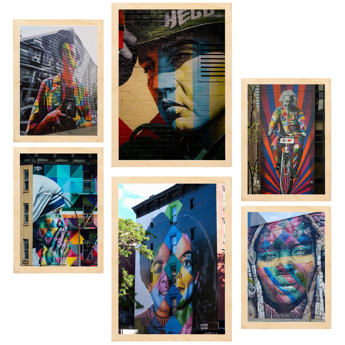 POSTER Set Mit 6 Graffiti Frida Jackson Teresa Einstein Straßenkunst A3 & A4 Rahmen Aus Hellem Holz - Beige, Papier (29/3cm) - Nacnic