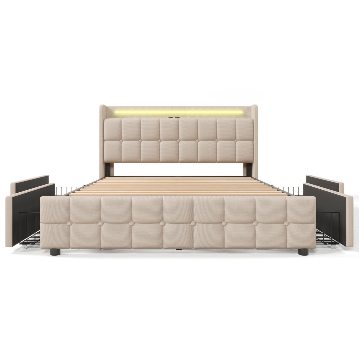 ČALOUNĚNÁ postel 180x200 cm béžová z dřeva s USB nabíjením, LED osvětlením a 4 zásuvkami - béžová, kompozitní dřevo (180/200cm) - OKWISH