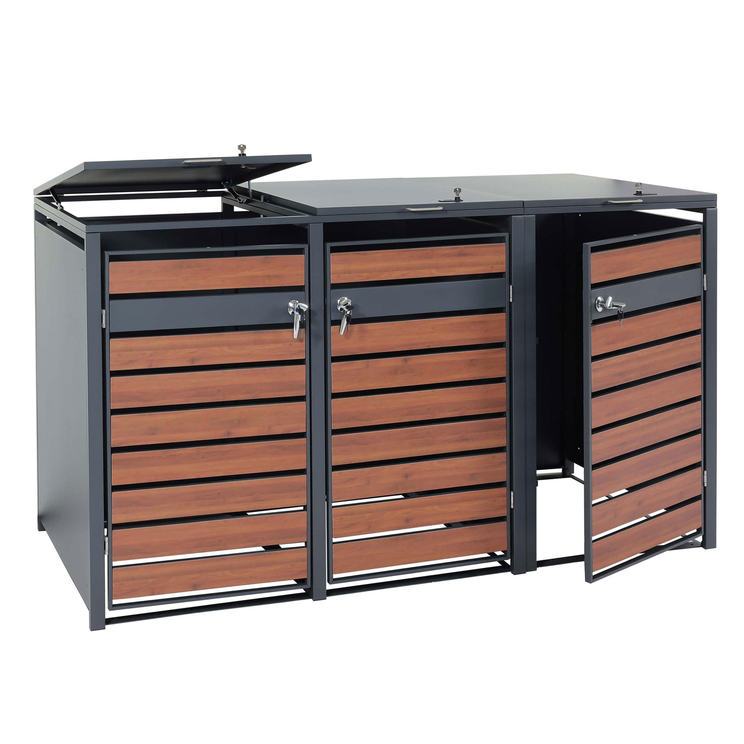 MÜLLTONNENBOX 3er/6er XL 117x215x98cm Metall 95kg Anthrazit Kirsche-Holzoptik Dunkelbraun - Kirschbaumfarben, Metall (215/117/98cm) - PROREGAL