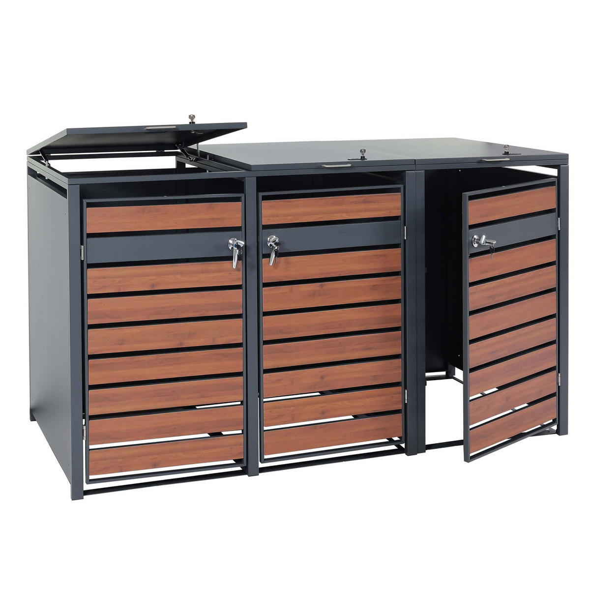 MÜLLTONNENBOX 3er/6er XL 117x215x98cm Metall 95kg Anthrazit Kirsche-Holzoptik Dunkelbraun - Kirschbaumfarben, Metall (215/117/98cm) - PROREGAL