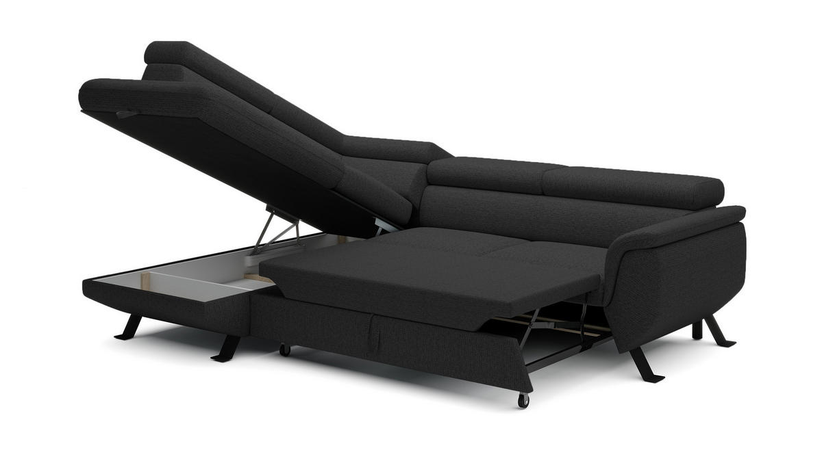 ECKSOFA RAVEN L mit Schlaffunktion und Bettkasten, Freistehend, Polstersofa mit Verstellbaren Kopfstützen, 257x198x96 cm, Linke, Schwarz - Schwarz, Holz/Textil (198/256cm) - DomoHome