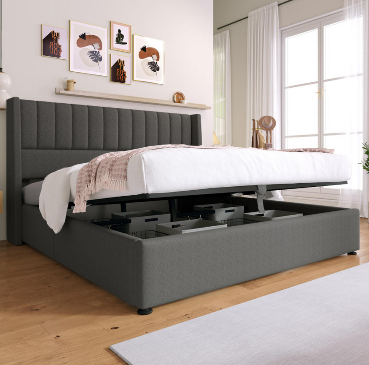 POLSTERBETT aus Leinen 160x200 cm Grau mit hydraulischem Bettkasten - Grau, Textil (160/200cm) - IVMEU