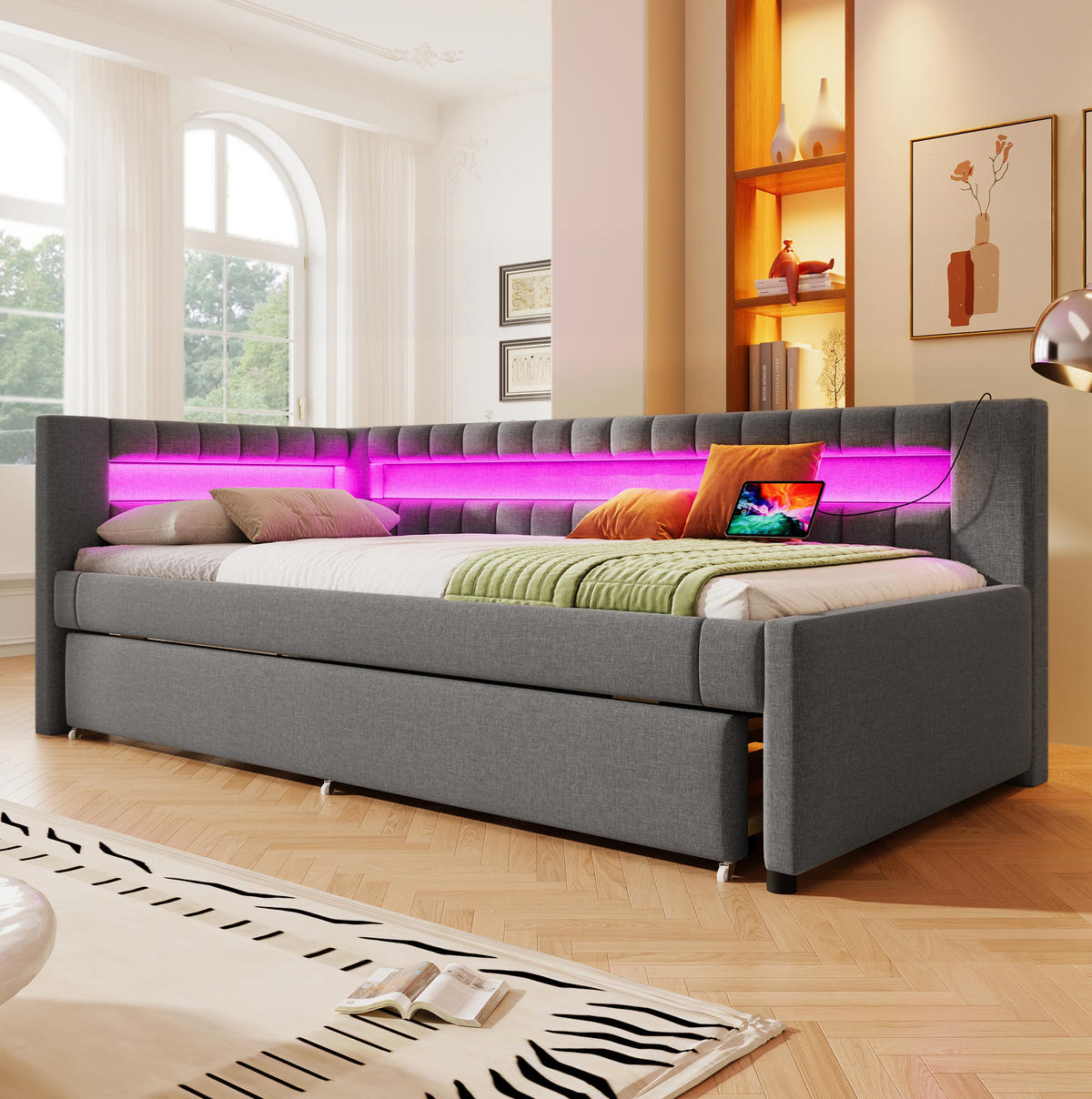 ČALOUNĚNÁ postel 90/200 cm z lnu s LED osvětlením, výsuvným lůžkem a USB + Type-C, Šedá - šedá, textil (90/200cm) - Redom