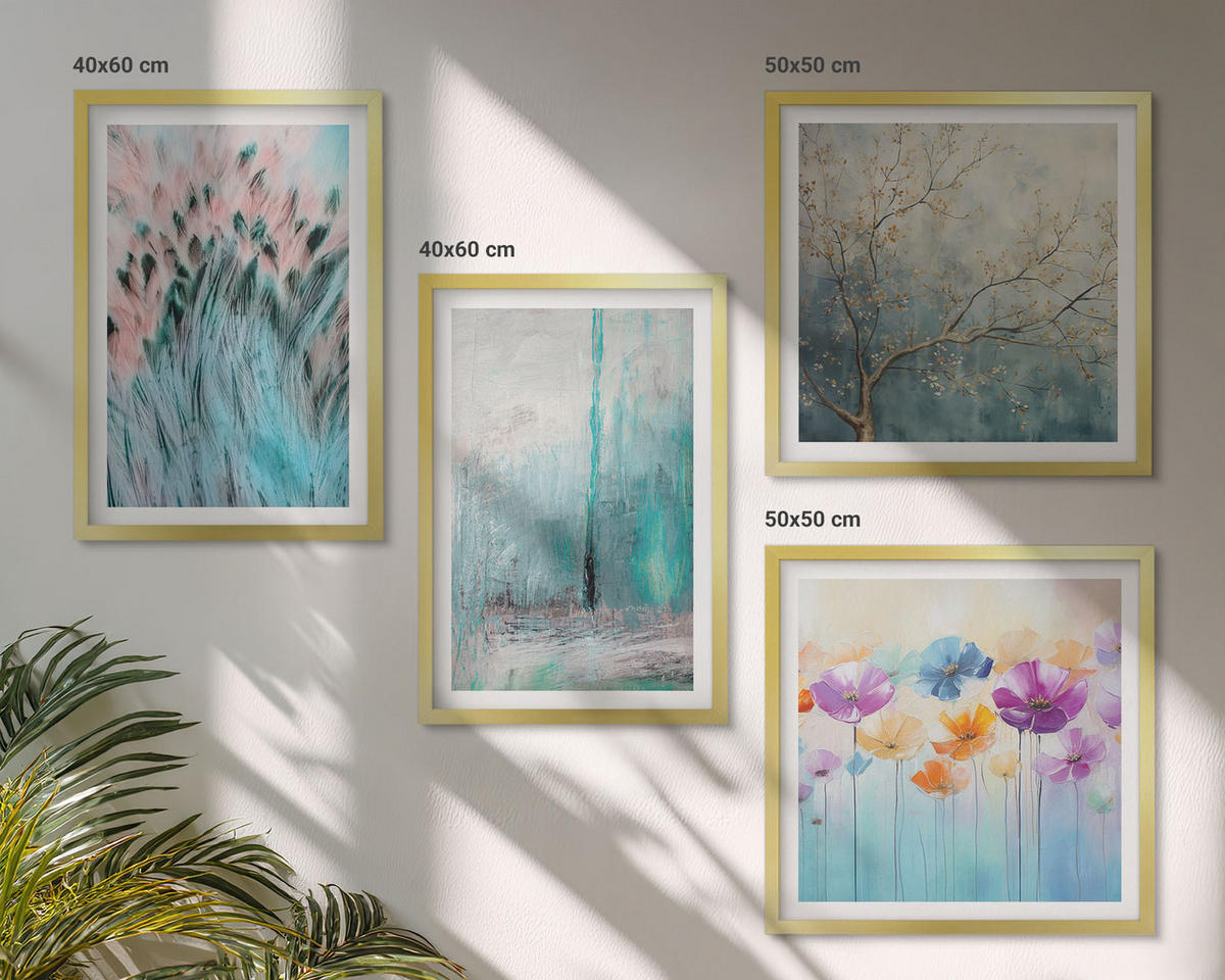 BILDER SET 4er Set - 50x50 cm & 40x60 cm Goldrahmen - Hintergrundmuster mit Pastellblumen - Goldfarben, Kunststoff (50/50cm) - TULUP