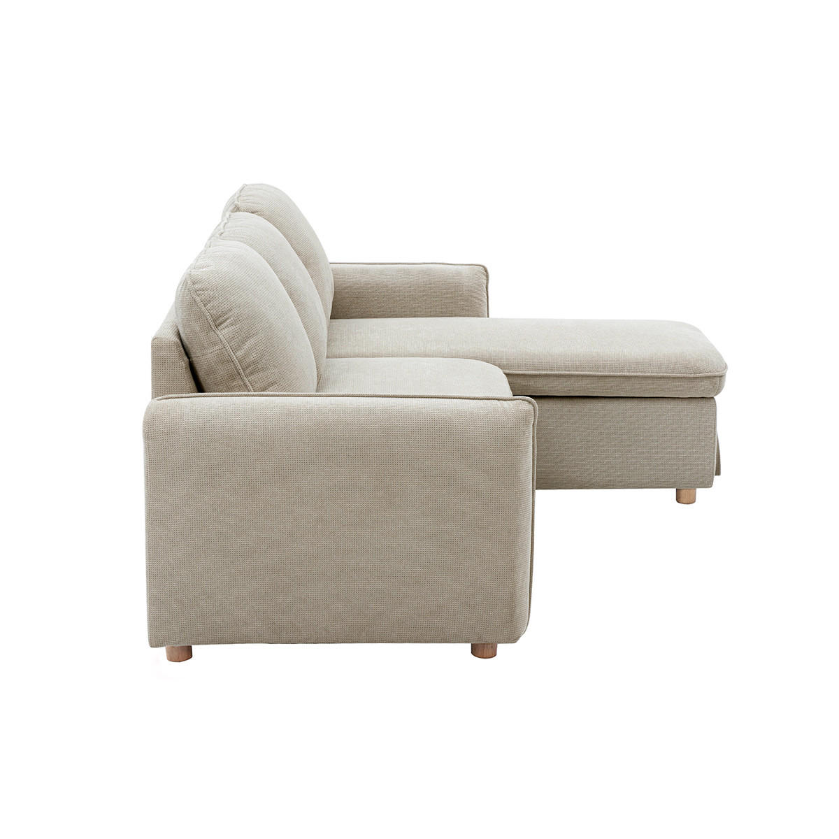 ECKSOFA mit umkehrbarer Schlaffunktion und Stauraum, 3-Sitzer in strukturiertem Samt-Optik Stoff beige und hellem Holz ORSO - Beige, Textil (139.5/83/212cm) - Miliboo