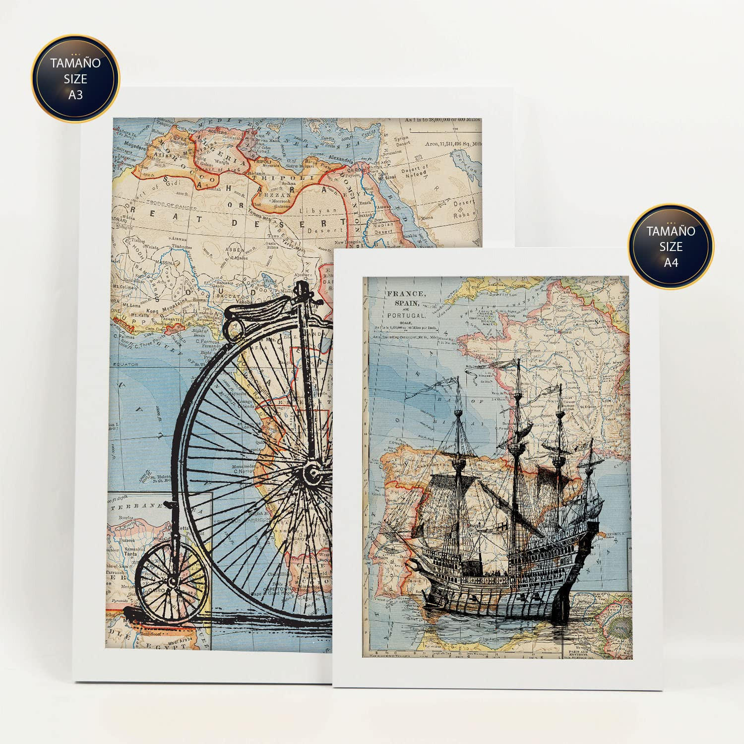 POSTER Set Mit 6 Vintage Karten Topografische Karten Im Retro Stil Von Europa, Afrika Und Spanien In Dezenten Farben A3 & A4 Weißer Rahmen - Weiß, Papier (29/3cm) - Nacnic